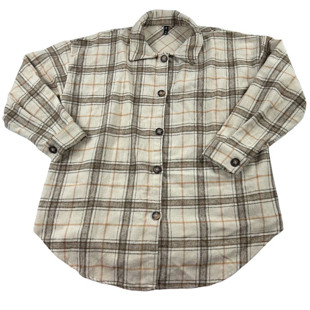 Zaful Plaid Shacket Overshirt Jacket Beige Brown Flannel Button Front US 6